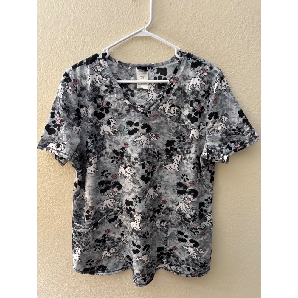 Disney 101 Dalmatians Scrub Top Large Gray Black V-Neck Medical Vet A1113